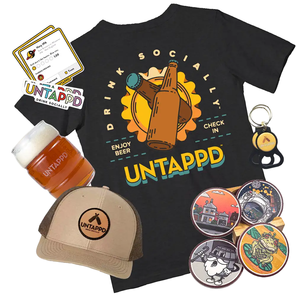 An assortment of items from the Untappd Shop, including a t-shirt, glass, coasters, stickers, and more